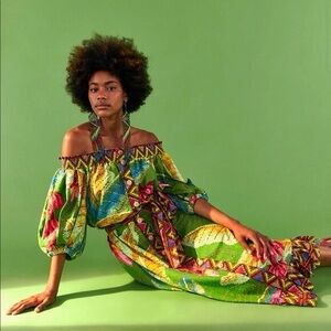 NWT! FARM RIO banana leaves off the shoulder midi dress